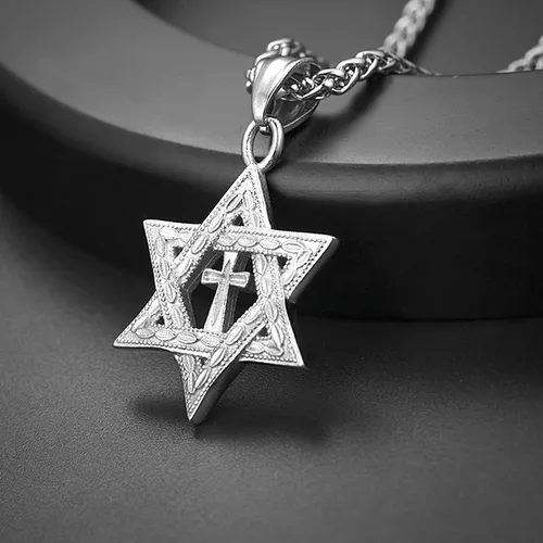 Miniatura 156 de U7 - Collar con Estrella de David para hombres y mujeres, dije hexagonal de acero inoxidable con cruz/piedra de rubí/collares clásicos judíos