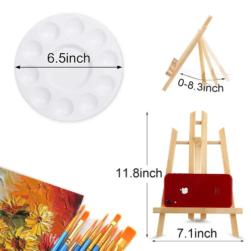 Miniatura 3 de Set profesional de pintura AROIC de 72 piezas con caballetes, 6 caballetes de madera, 6 paquetes de 60 pinceles con cabeza de nylon y 6 paletas, kit