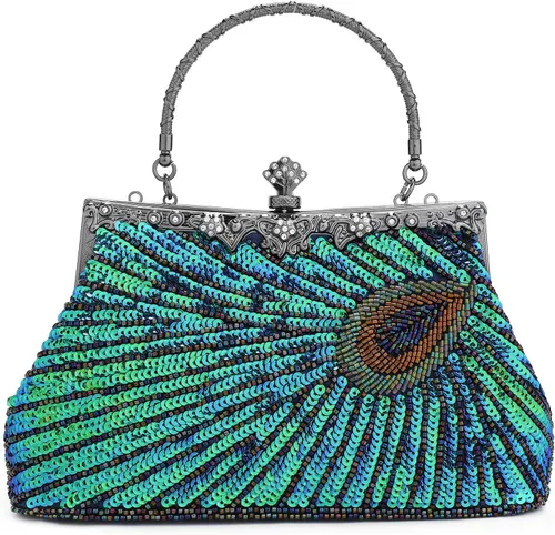 Miniatura 8 de UBORSE Bolsos de embrague de noche de pavo real con lentejuelas con cuentas Bolso de noche vintage Bolso de boda de fiesta de 1920