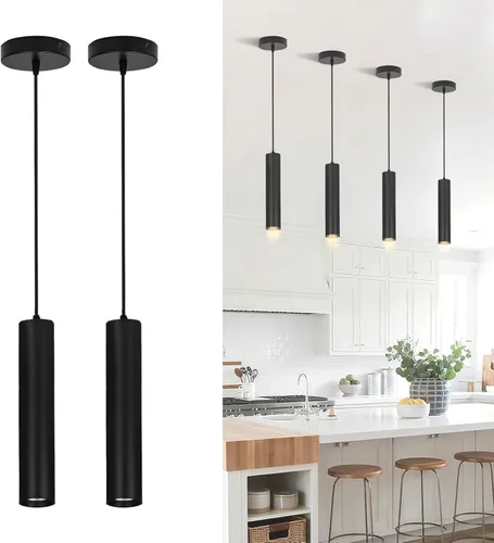 Paquete de 2 luces colgantes modernas negras, lámpara colgante minimalista LED para isla de cocina, cable de luz colgante de tubo largo ajustable