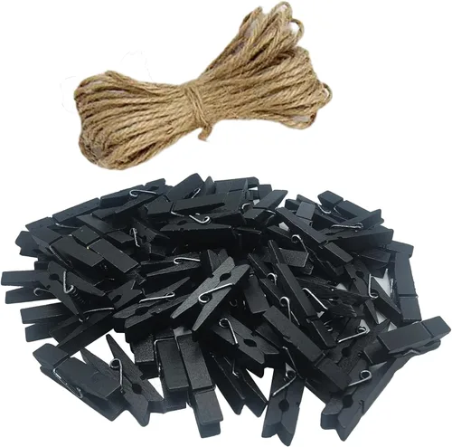 100 pinzas pequeñas de madera negras resistentes para ropa seca en tendedero, clips para bolsas, manualidades, fotos, hogar, escuela, manualidades