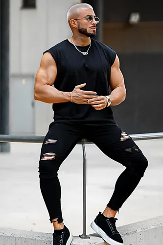Miniatura 2 de Gingtto jeans entallados elásticos para hombre, de corte ajustado, rasgados, gastados