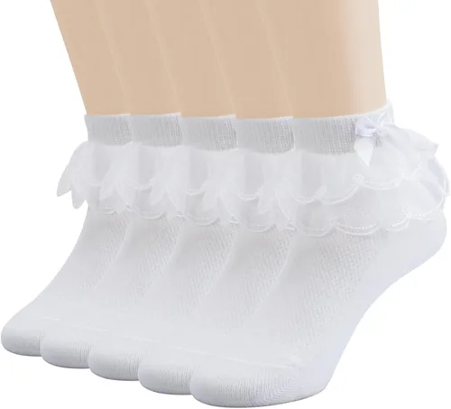 Looching Calcetines de encaje con volantes para niñas pequeñas, de algodón, con volantes, con lazo, paquete de 5