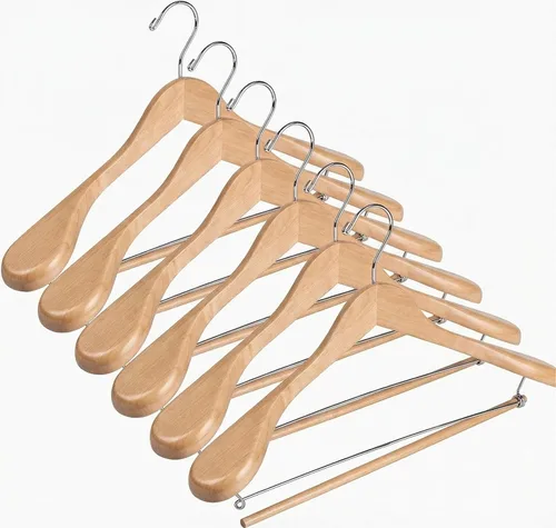 Miniatura 8 de DEILSY - Perchas de madera para hombros anchos con barra antideslizante para pantalones y gancho giratorio de 360° - Perchas de acabado liso