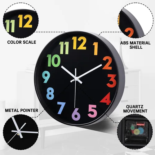 Miniatura 3 de Reloj de pared de 12 pulgadas para niños sin tictac que funciona con pilas, reloj de enseñanza para niños pequeños silencioso, colorido y decorativo