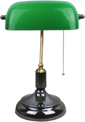 Lámpara de escritorio vintage Green Bankers con interruptor de tirador, pantalla de vidrio ajustable y base negra, luz clásica E27 para mesita de