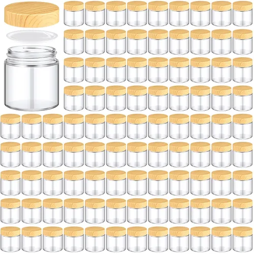 Miniatura 14 de Norme 120 tarros de vidrio de 4 onzas con tapas, recipientes de vidrio vacíos con tapas de grano de madera y revestimientos interiores