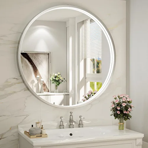 Miniatura 11 de Espejo de baño LED redondo de 36 pulgadas, espejo de tocador antivaho regulable con control táctil, luz natural de 6000 K, marco de metal negro