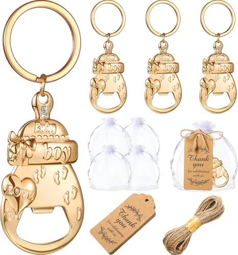 Sieral 30 juegos de regalos de baby shower para niños, abrebotellas doradas con etiquetas de agradecimiento, bolsas para reventar, llaveros, baby