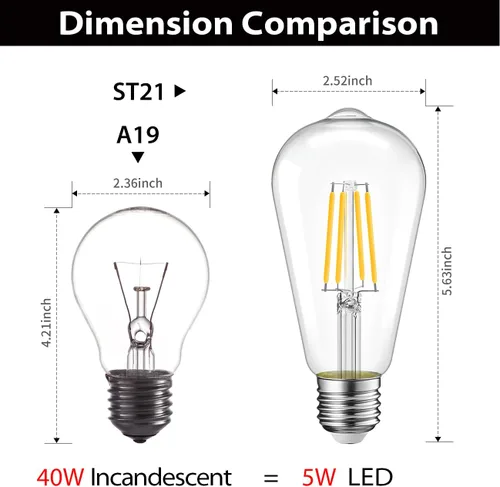Miniatura 2 de LVWIT ST21 Bombilla LED de filamento de 5 W (equivalente a 40 vatios), regulable, 2700 K, blanco cálido, bombilla Edison vintage E26, base mediana