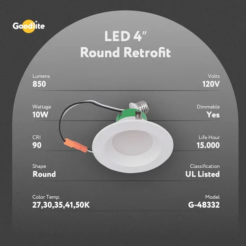 Miniatura 3 de Goodlite Foco descendente redondo LED de 4 pulgadas, 10 W (85 W igual), 850 lúmenes, 5CCT seleccionable 2700K-3000K-3500K-4100K-5000K, CRI90, Blanco