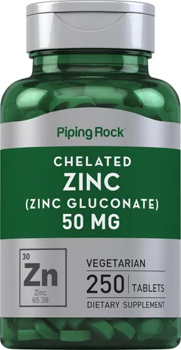 Piping Rock Zinc 50mg | 250 tabletas vegetarianas | Gluconato quelado | Suplemento sin OMG y sin gluten