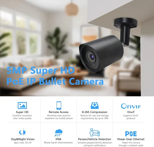 Miniatura 2 de Cámara de seguridad IP PoE de 5 MP, cámara IP H.265 Bullet con gran angular de 105°, lente de 0.110 in, visión nocturna de 80 pies, compatible