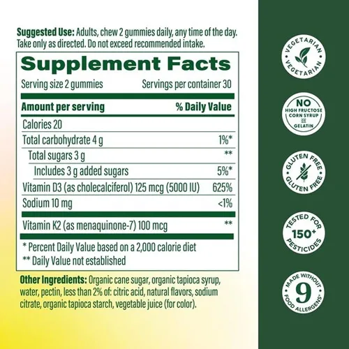 Miniatura 2 de MegaFood Gomitas de vitamina D3 K2 – Vitamina D 5000 UI para la salud ósea e inmunológica más apoyo para una absorción óptima de calcio – Sabor a