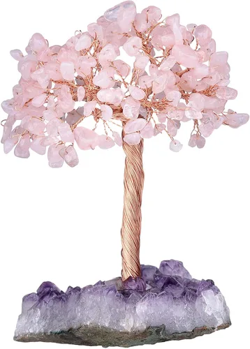 Miniatura 2 de rockcloud Árbol de dinero con piedra de cristal de cuarzo rosa natural con base de racimo de cristal de cuarzo amatista, árbol bonsái, Feng Shui