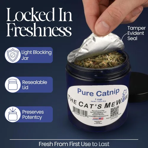 Miniatura 3 de The Cat's MeWow Hierba gatera 100% pura, cultivada en América del Norte, aroma fuerte para jugar y enriquecer, tarro de frescura resellable