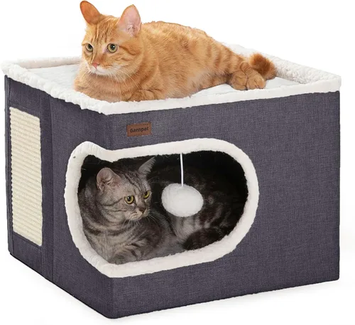 Miniatura 13 de Garnpet Cama para Gatos de Interior Casa Cubo, Camas de Cueva para Gatos Cubierta y Muebles con Almohadilla Rascadora y Tienda Refugio, Lindo Gris