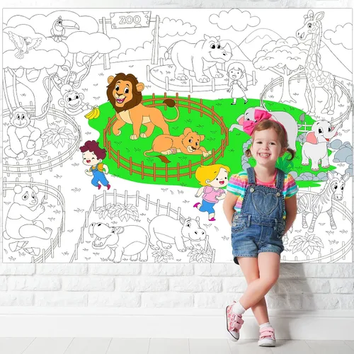 Miniatura 5 de Póster gigante para colorear de animales del zoológico para niños, mantel grande para colorear, rollo de actividad, papel de dibujo, hojas
