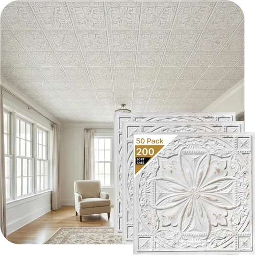 Miniatura 29 de from Plain to Beautiful in Hours DCT10at-24x24 Milan - Azulejo de techo de PVC de 2' x 2' para pegar o colocar (Caja / 4 pies cuadrados), Taupe