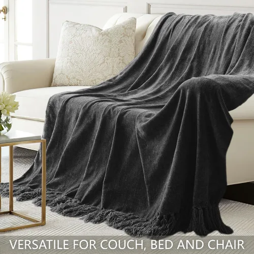 Miniatura 4 de Manta Chenille para sofá, 50" x 60", manta suave y acogedora con borlas de flecos para cama, sofá y silla, manta bohemia tejida ligera decorativa