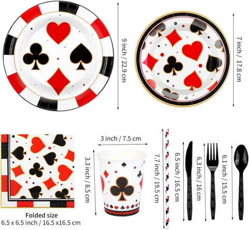Miniatura 2 de durony Juego de vajilla de 147 piezas con temática de casino, incluye platos, servilletas, vasos, Staws y cubiertos para decoración de fiesta