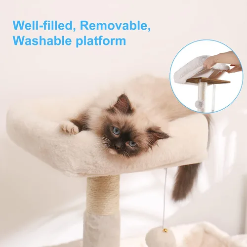 Miniatura 4 de Hey-brother Árbol para gatos con caja de arena, torre para gatos todo en uno para gatos de interior con hamaca grande, cama, estación de alimentos