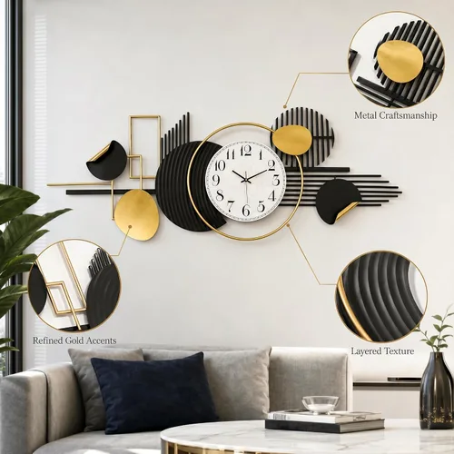 Miniatura 4 de WALL Arte de pared abstracto moderno de metal, círculos geométricos negros y dorados, decoración contemporánea del hogar, 59 x 24 pulgadas, arte