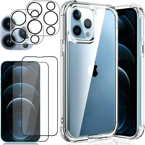 Funda transparente 5 en 1 para iPhone 12 Pro de 6.1 pulgadas, con 2 protectores de pantalla HD + 2 protectores de lente de cámara, película de