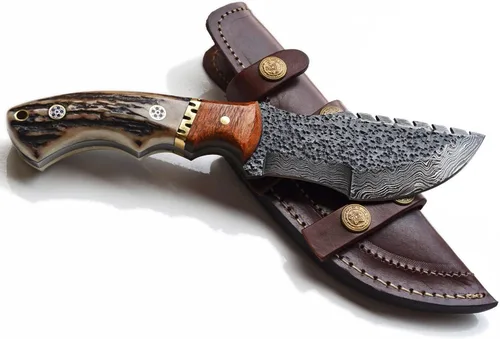 Cuchillo de Caza de Damasco con Mango de Asta de Ciervo y Funda de Cuero (Damascus Tracker, Hoja de 4.5 Pulgadas)