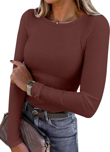 Miniatura 12 de ANRABESS - Camisetas de manga larga para mujer, de punto acanalado, ajustadas, básicas, 2025, informales, para usar a capas o debajo del uniforme