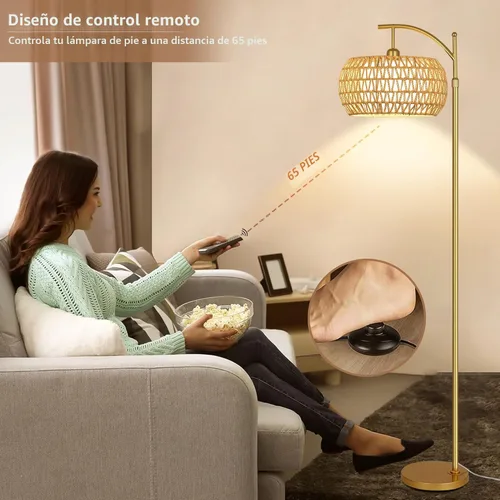 Miniatura 5 de Lámpara de pie dorada para sala de estar con 3 temperaturas de color, lámparas de pie bohemias de arco con control remoto, lámpara de pie de ratán