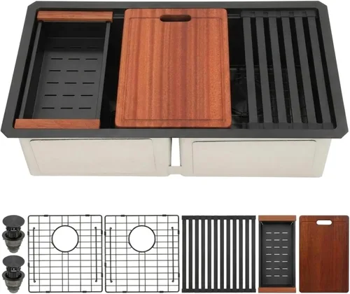 Miniatura 9 de Fregadero de Cocina de Doble Tazón 30" X 18", Fregadero de Cocina Negro de Montaje Inferior, Fregaderos Dobles de Montaje Inferior de Acero Acero