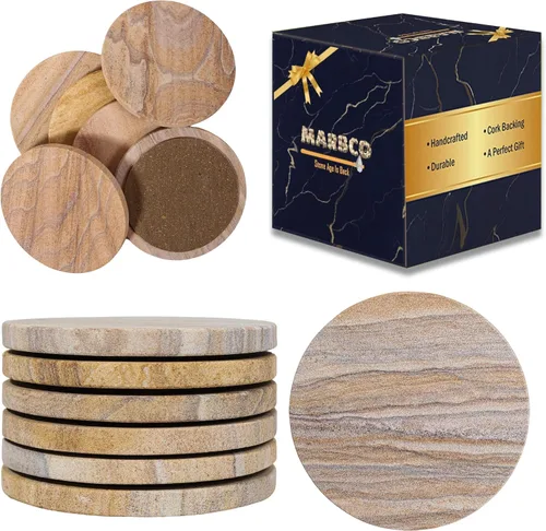 Posavasos redondos absorbentes de agua hechos a mano para bebidas, 4 pulgadas de ancho, hechos de arenisca arcoíris (juego de 6 sin soporte)