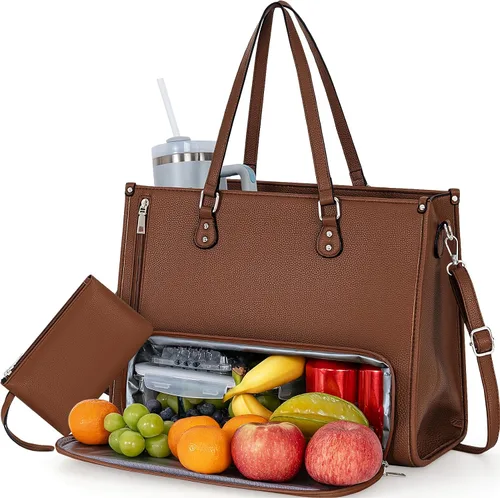 Miniatura 7 de Bolsa de mano para computadora portátil para mujer, 15.6 pulgadas, impermeable, de cuero, gran capacidad, maletín de trabajo para oficina y negocios