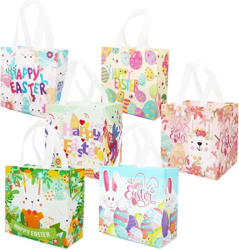 Miniatura 11 de PARSUP 8 bolsas de Pascua con diseño de conejo, zanahoria, huevos de gallina, bolsas no tejidas con asas para envolver regalos, caza de huevos
