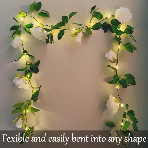 Miniatura 6 de Guirnalda de flores artificiales Fielegen con 20 luces de cadena LED, guirnalda de rosas colgantes de 2 metros con decoración de luces para jardín