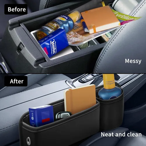 Miniatura 6 de Portavasos de cuero para automóvil, 2 piezas, relleno de huecos para asiento de automóvil con portavasos para tazas, gafas, tarjeta y llave Negro