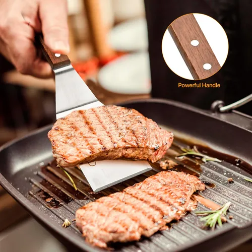 Miniatura 5 de Espátula de acero inoxidable para sartén de hierro fundido, espátula para parrilla con mango de madera, tortitas de metal resistente