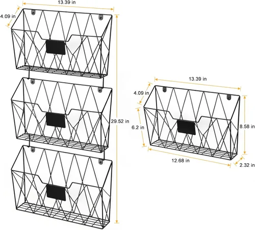 Miniatura 2 de OYEAL Organizador de archivos de pared colgante de metal, 3 bolsillos, organizador de correo montado en la pared con ganchos para oficina y hogar