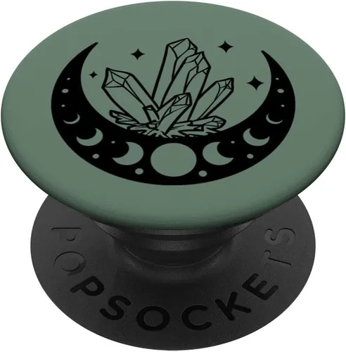 Fase lunar y cristales mágicos de bruja linda verde oliva PopSockets intercambiables PopGrip