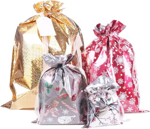 WesGen Bolsas de regalo de Navidad, 40 bolsas de regalo de Papá Noel en 4 tamaños y 4 diseños con cintas de cordón insertadas y etiquetas para