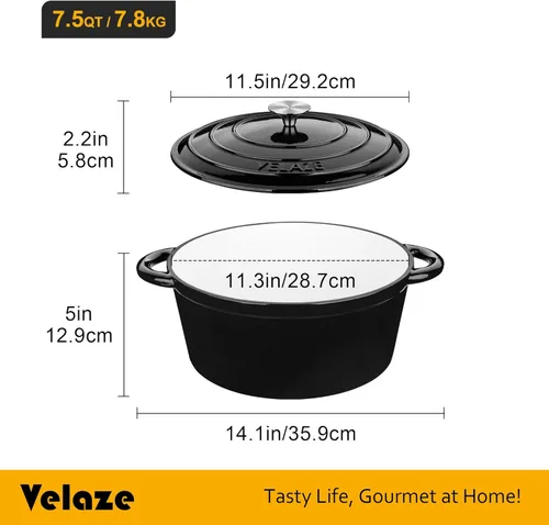Miniatura 6 de Velaze Olla holandesa de 7.5 cuartos de galón con tapa, horno holandés de hierro fundido esmaltado con asas dobles para hornear pan de masa madre