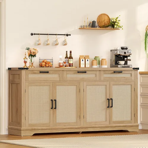 Miniatura 12 de usikey Aparador grande de 61 pulgadas con 4 puertas y 3 cajones, mesa de buffet de granja, armario de almacenamiento de comedor para cocina o sala