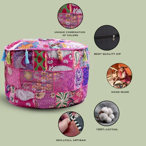 Miniatura 4 de Puf indio, reposapiés, funda de puf bordada étnica – otomano redondo de algodón – rosa, 22 x 14 pulgadas Rosado