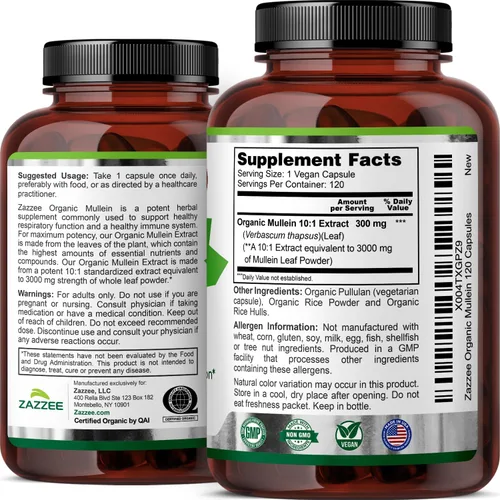 Miniatura 9 de Zazzee USDA Organic Mullein Leaf 10:1 Extracto, 120 cápsulas veganas, suministro para 4 meses, Verbascum Thapsus, soporte respiratorio y pulmonar