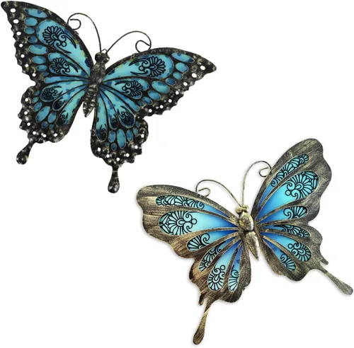 LIFFY Decoración de Pared de Mariposa de Metal, Paquete de 2 de 12" Mariposas de Cristal Colgantes para Decoración Exterior, Adornos Decorativos de