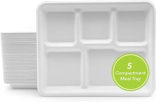 Miniatura 11 de three leaf Bandeja de comida con tapa de 5 compartimentos, 200 juegos. Bandeja de bagazo desechable resistente y ecológica con tapa, platos 100% 5