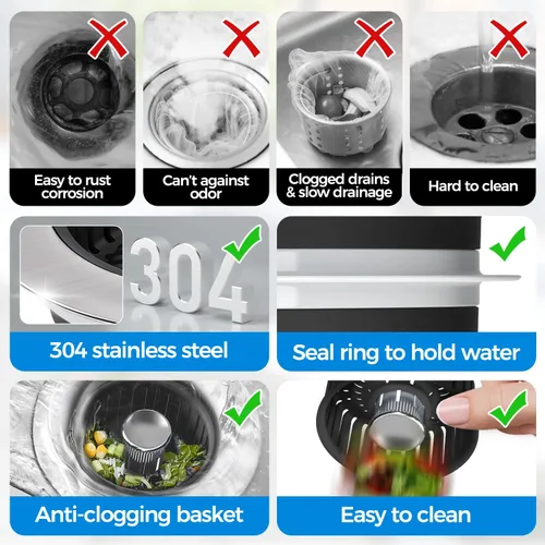 Miniatura 7 de zaa Colador de drenaje para fregadero, tapón 3 en 1 para fregadero de cocina, tapón de drenaje de cocina de acero inoxidable y cubierta con colador
