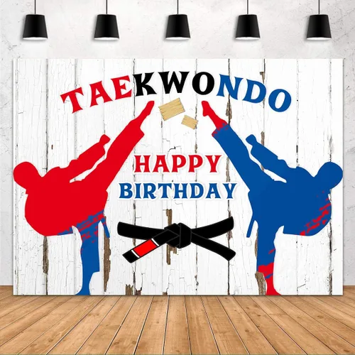 Telón de fondo de cumpleaños de Taekwondo para cabina de fotos con tablones vallados blancos vintage, cinturón negro, decoración de escena, escena,