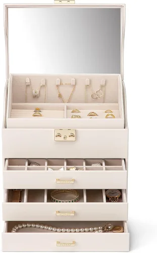 Miniatura 8 de Vlando Caja organizadora de joyas grande de terciopelo, caja de almacenamiento de joyas de 5 capas con espejo y cerradura, bandeja apilable y 3